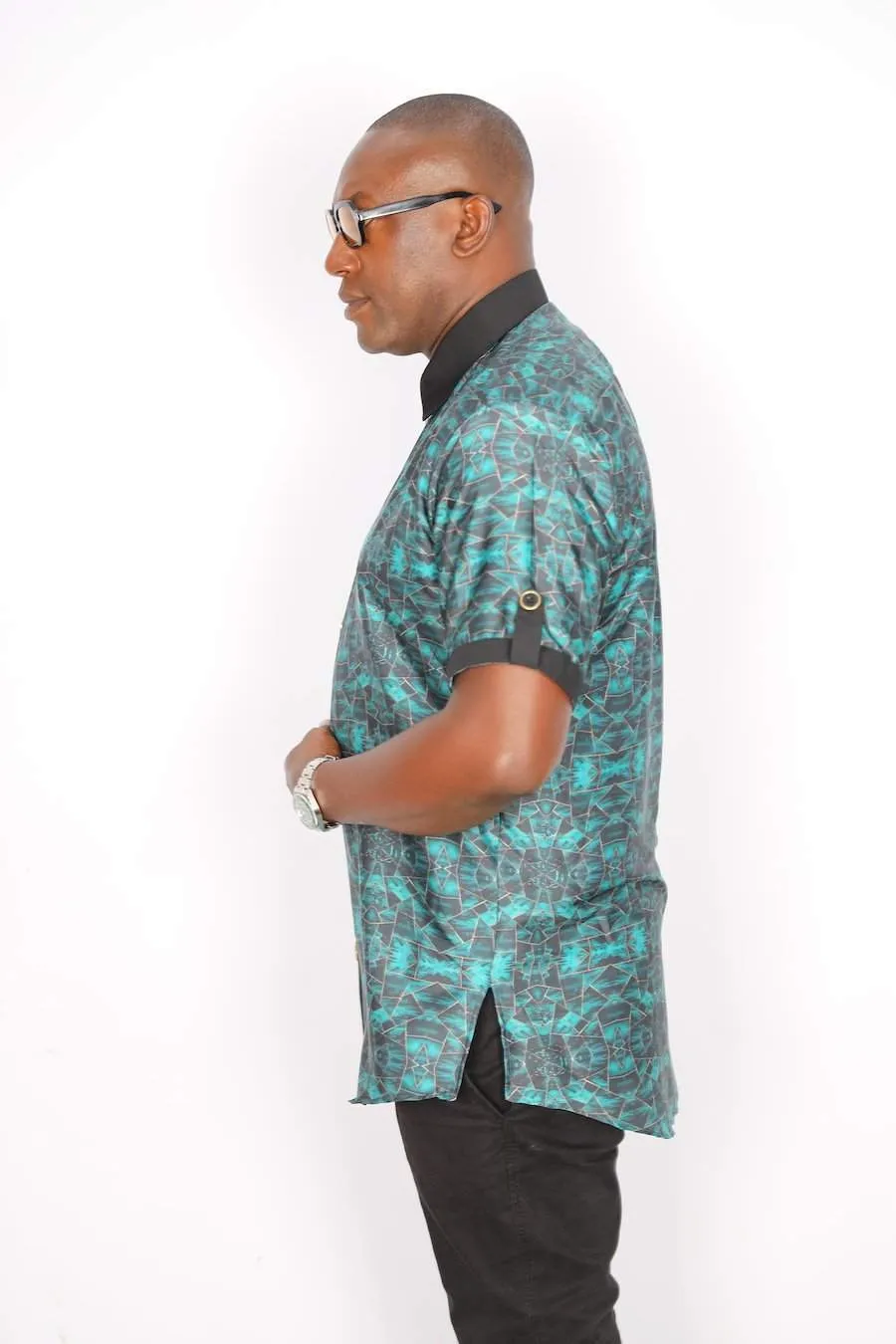 African Silk Shirt Green Short Sleeve