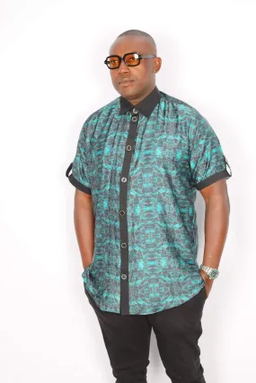 African Silk Shirt Green Short Sleeve