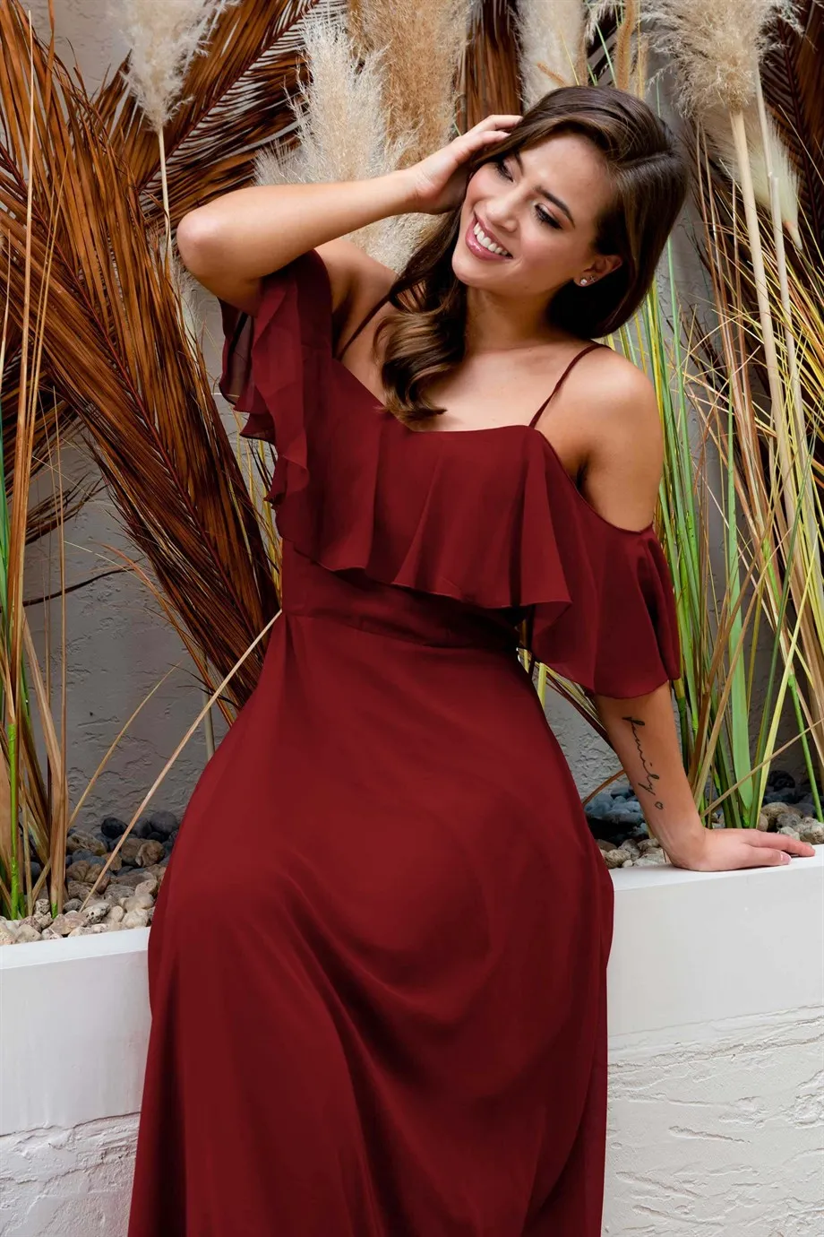 Angelino Bordeaux Long Evening Dress with Low Sleeve Strap