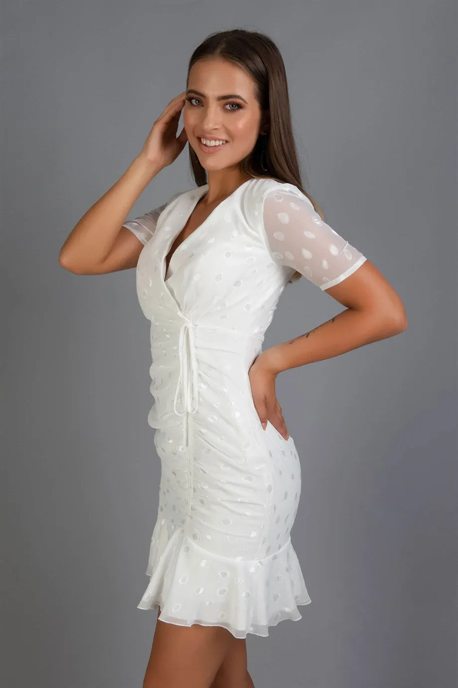 Angelino ecru polka dot patterned short arm wedding dress
