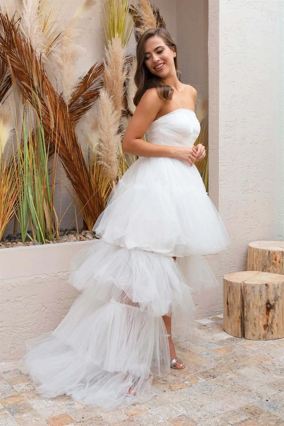 Angelino Ecru Tulle Ruffle Long Evening Dress