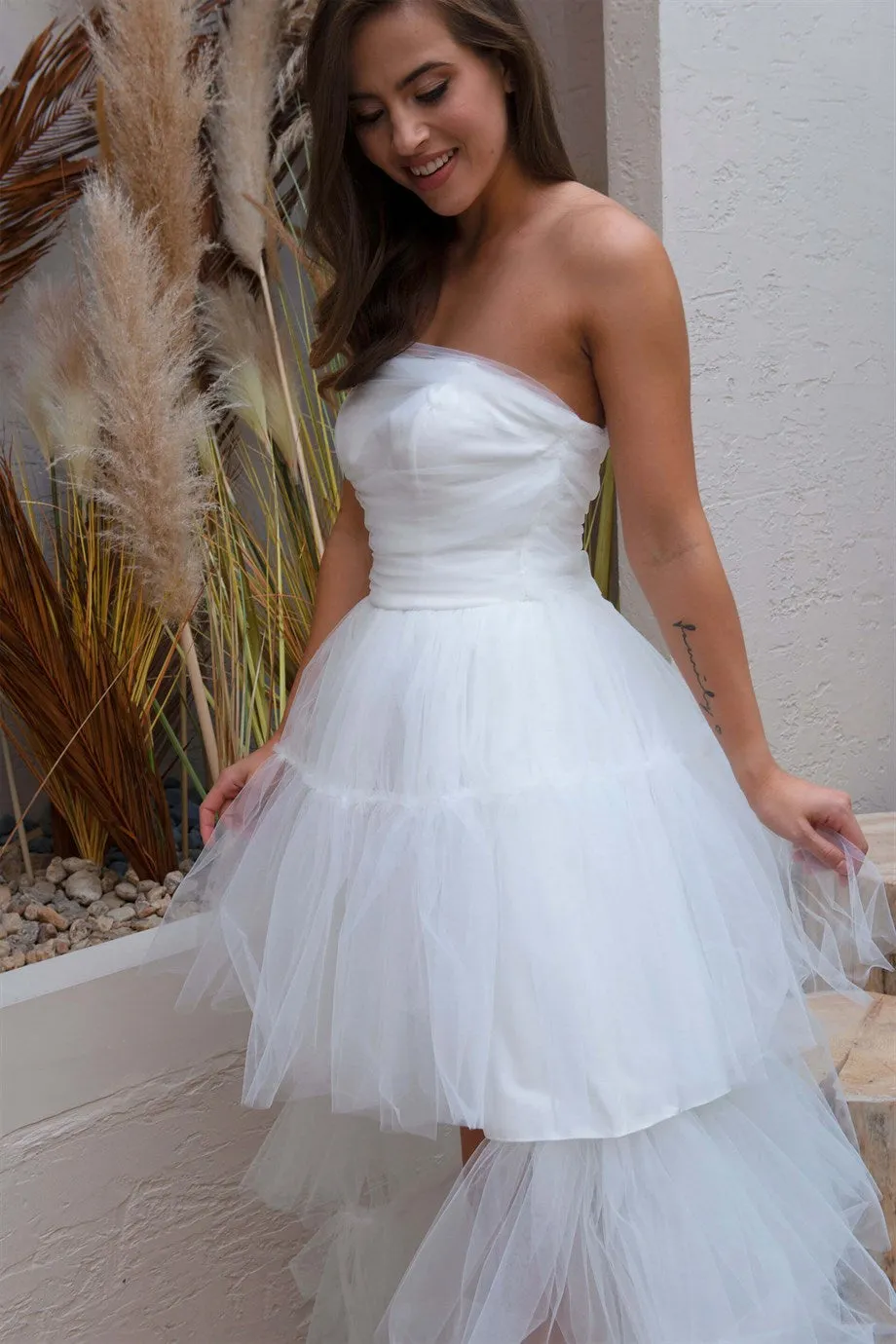Angelino Ecru Tulle Ruffle Long Evening Dress
