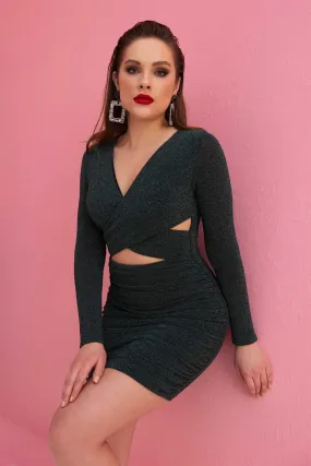 Angelino Green Knitting front cross -cut short night evening dress dress