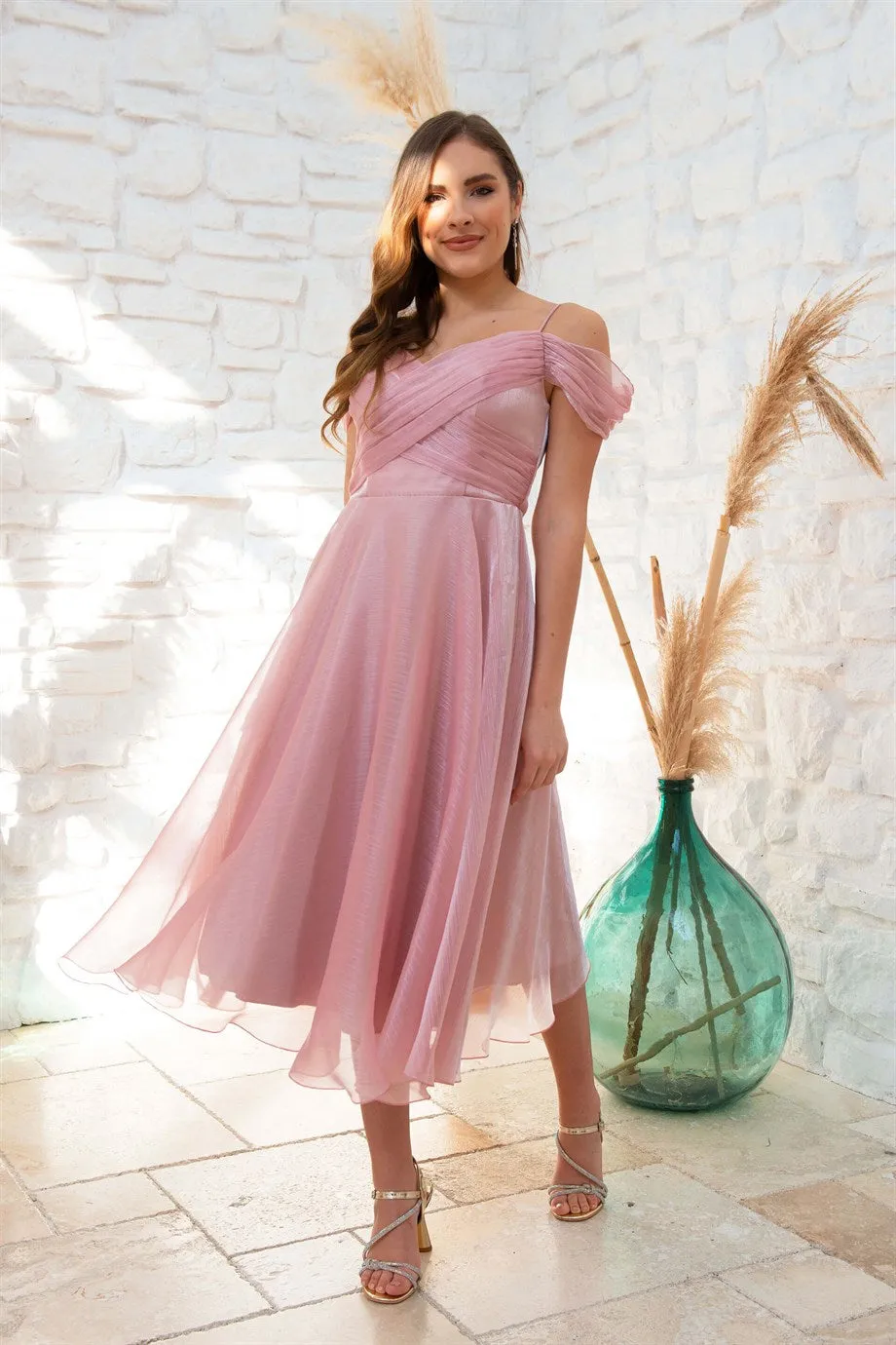 Angelino Powder Organze Low Sleeve Short Evening Dress
