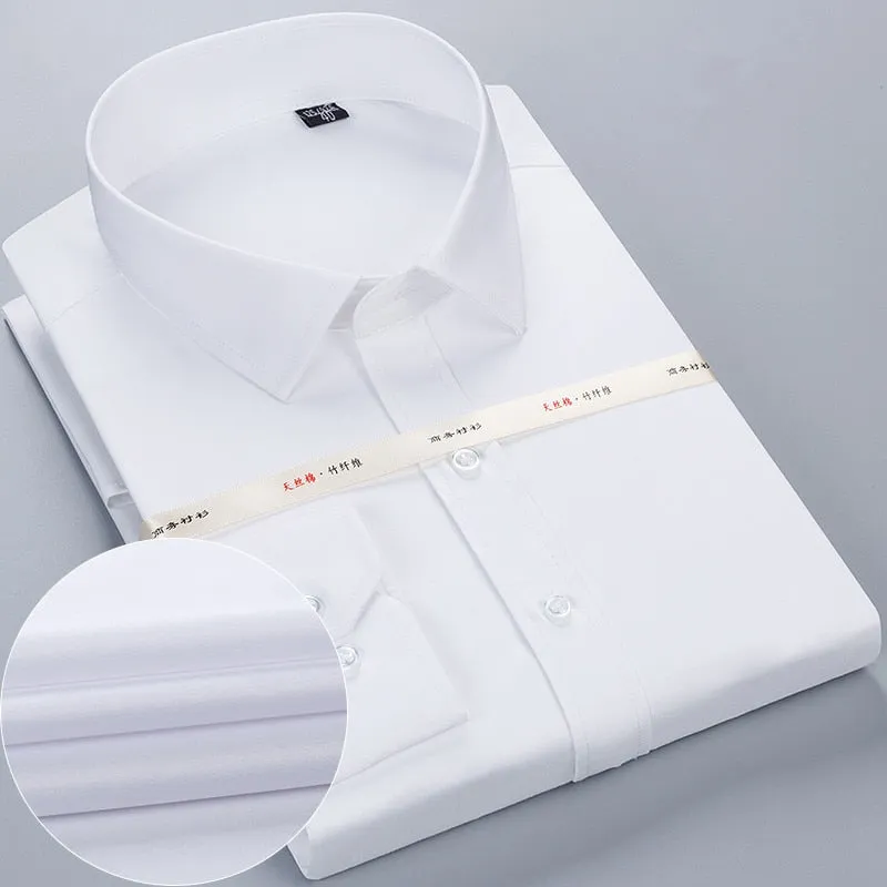 Bamboo Fiber Men White Shirt Long Sleeve Regular Fit Formal Business Social Camisas Plus Large Size 8XL 7XL 6XL 5XL