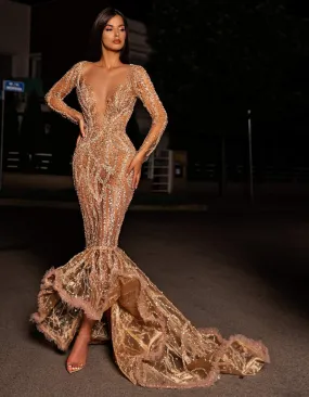 Beige Net Evening Dress