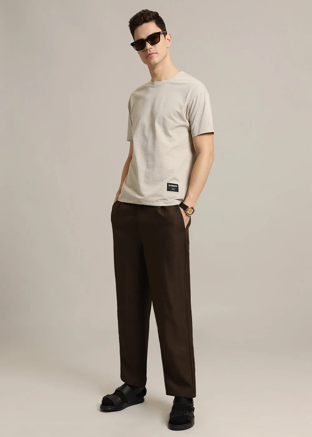 Beige Ribbed Stripe Regular Fit T-shirt