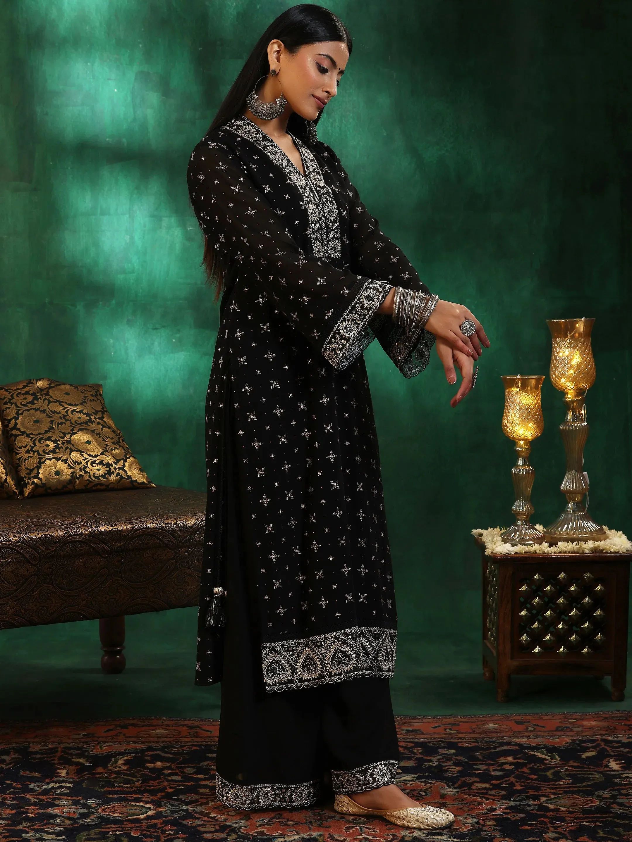 Black Printed Georgette Straight Suit With Dupatta
