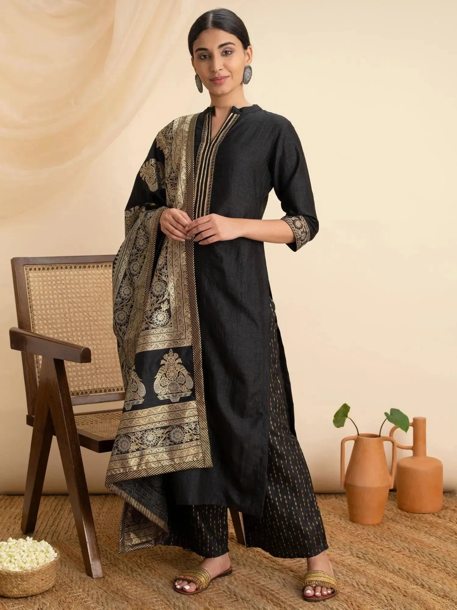 Black Solid Silk Straight Kurta With Palazzos & Dupatta