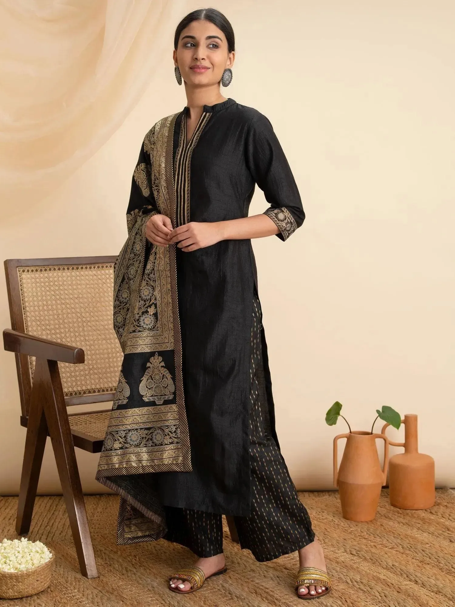 Black Solid Silk Straight Kurta With Palazzos & Dupatta