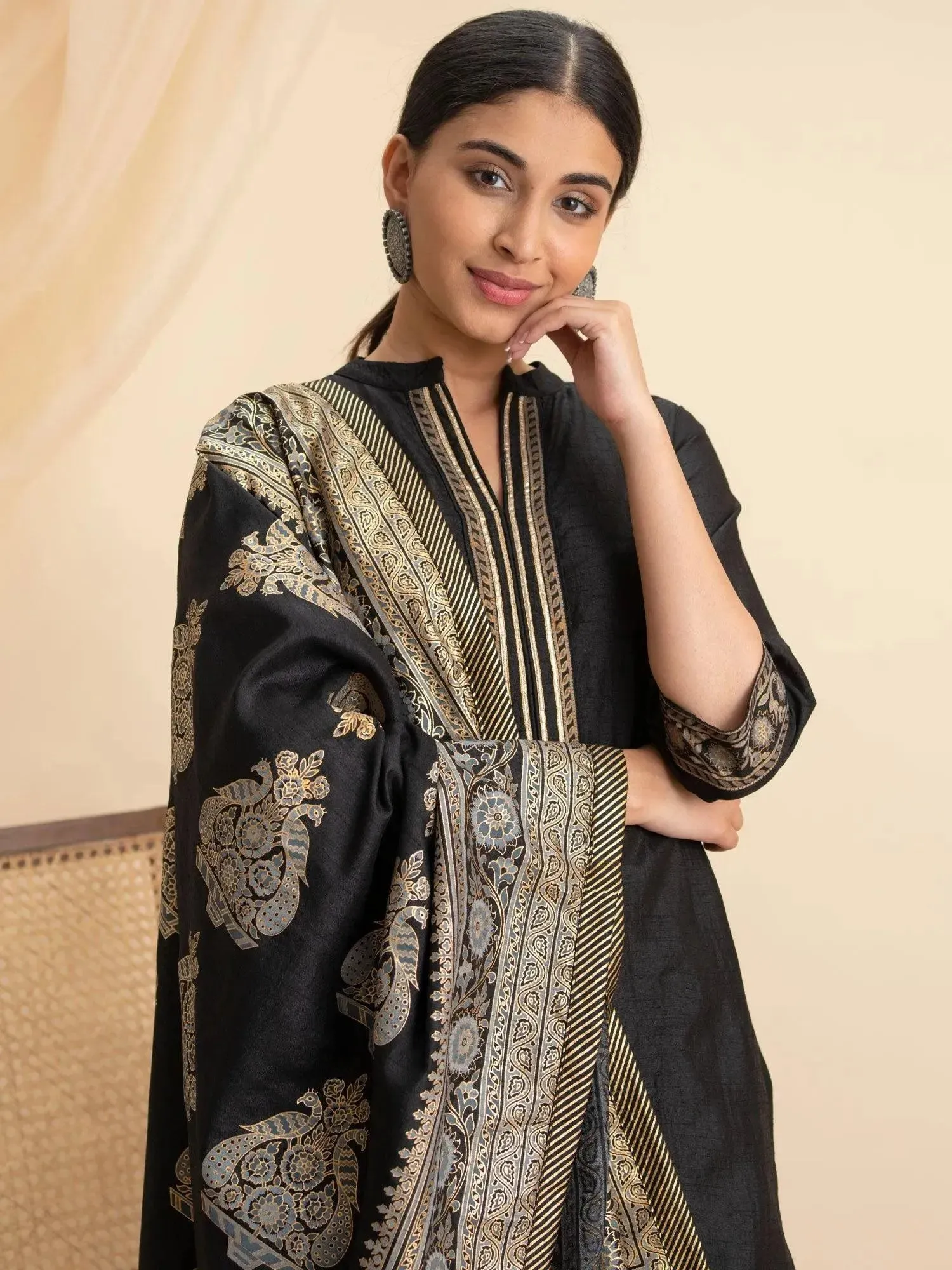 Black Solid Silk Straight Kurta With Palazzos & Dupatta