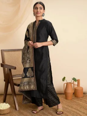 Black Solid Silk Straight Kurta With Palazzos & Dupatta