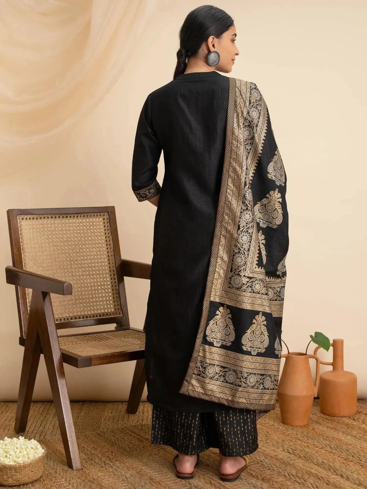 Black Solid Silk Straight Kurta With Palazzos & Dupatta