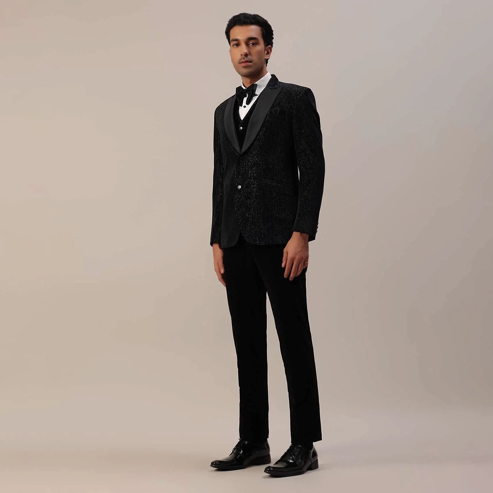 Black Velvet Tuxedo Set With Cut Work Embroidery