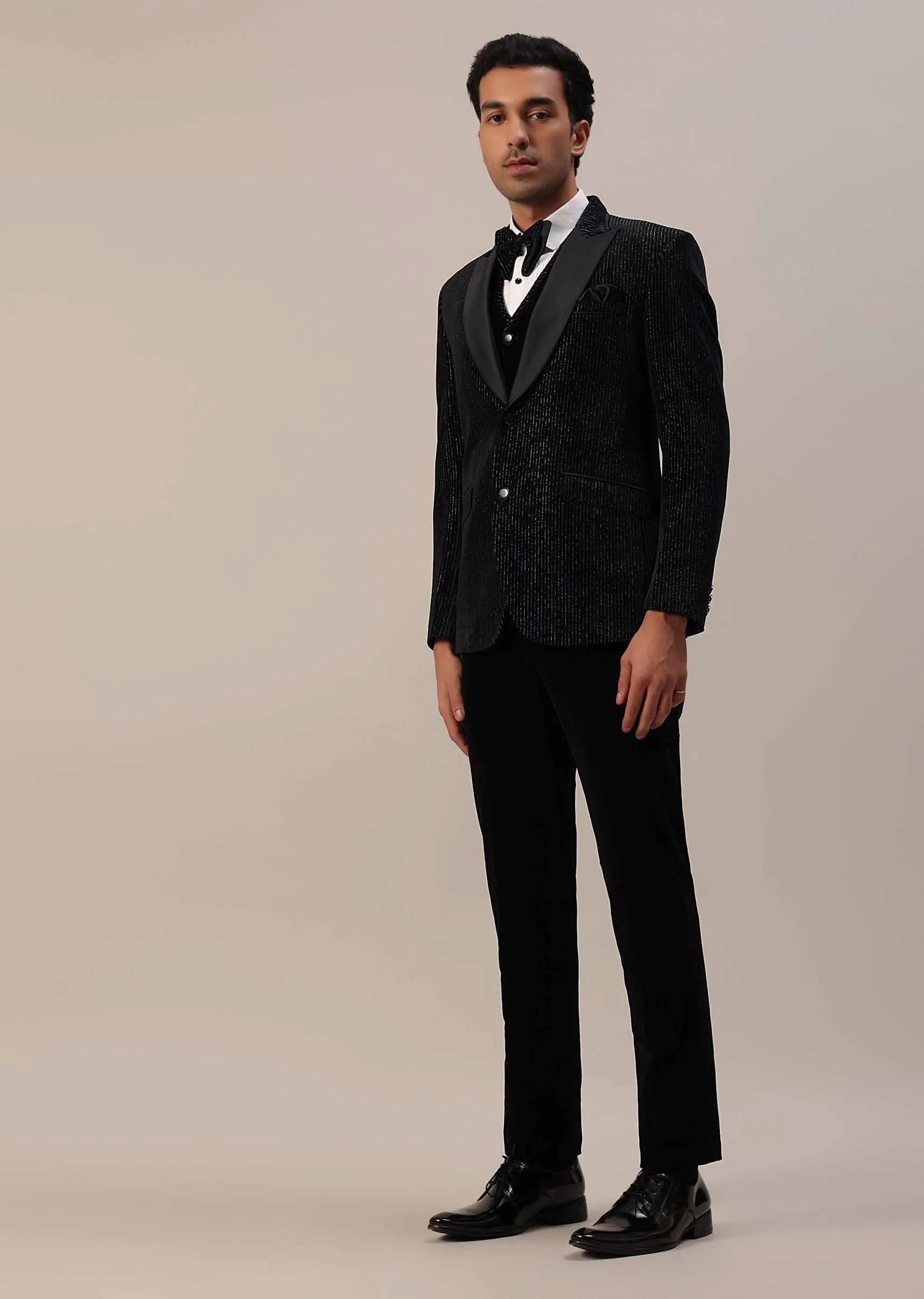 Black Velvet Tuxedo Set With Cut Work Embroidery