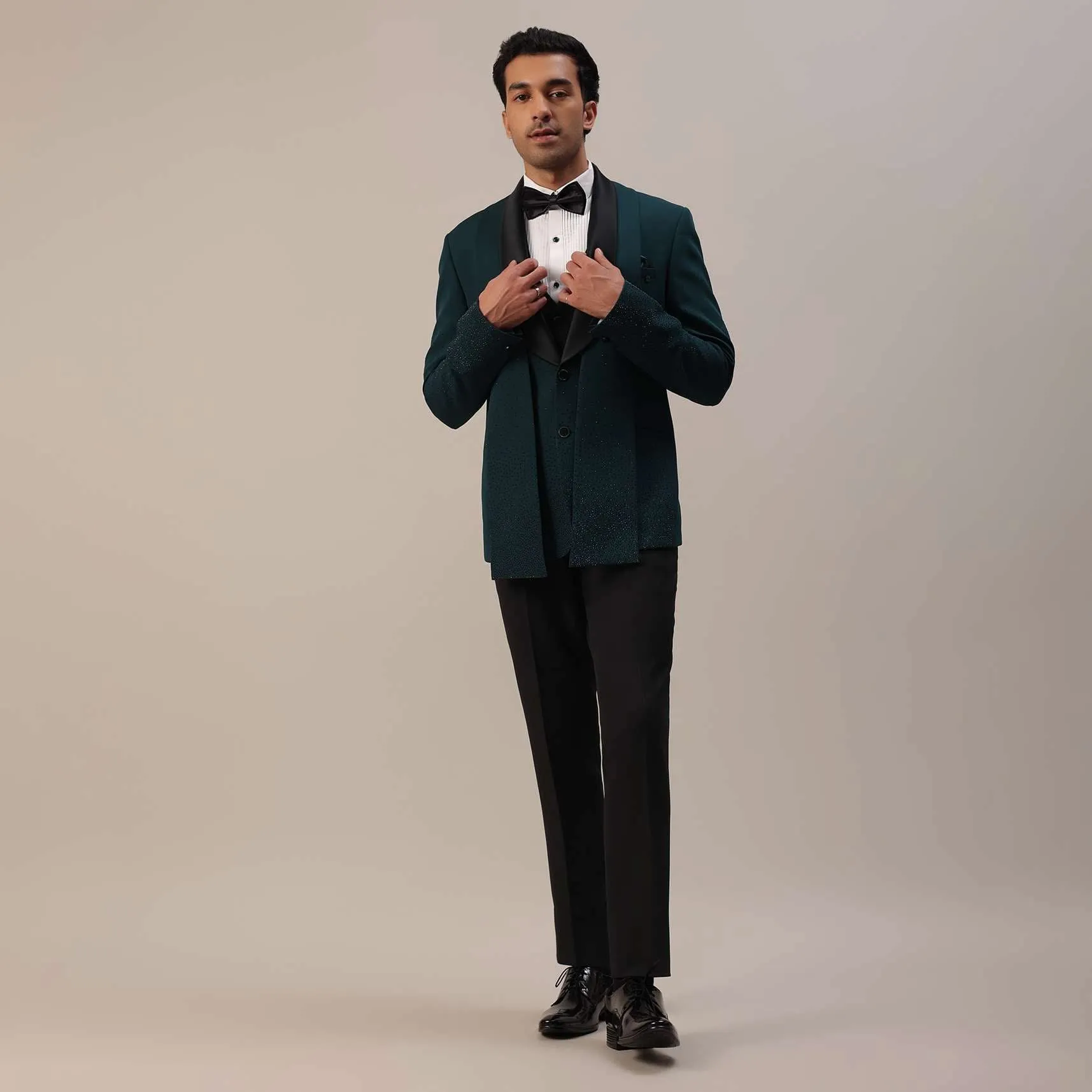 Bottle Green Crystal Studded Tuxedo Set In Polyester
