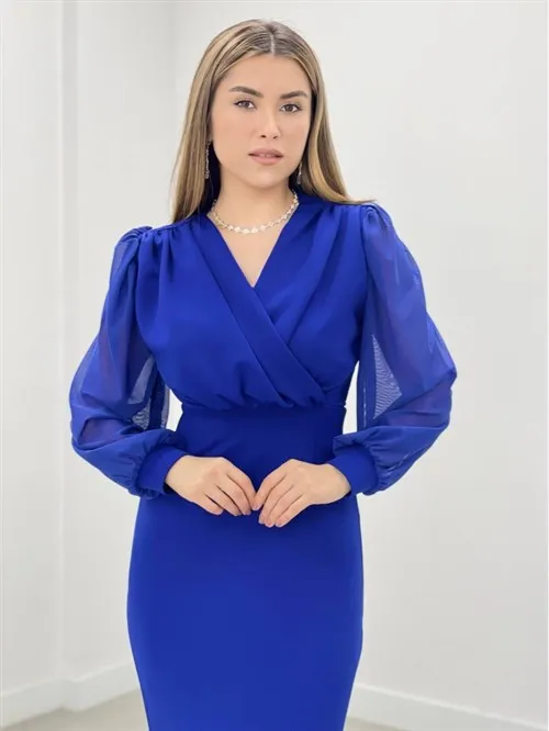 Crepe Fabric Arms Tulle Pen Dress - Saks Blue
