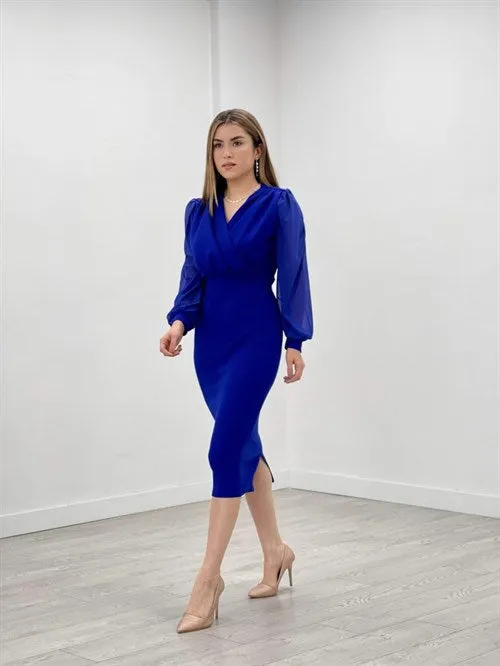 Crepe Fabric Arms Tulle Pen Dress - Saks Blue