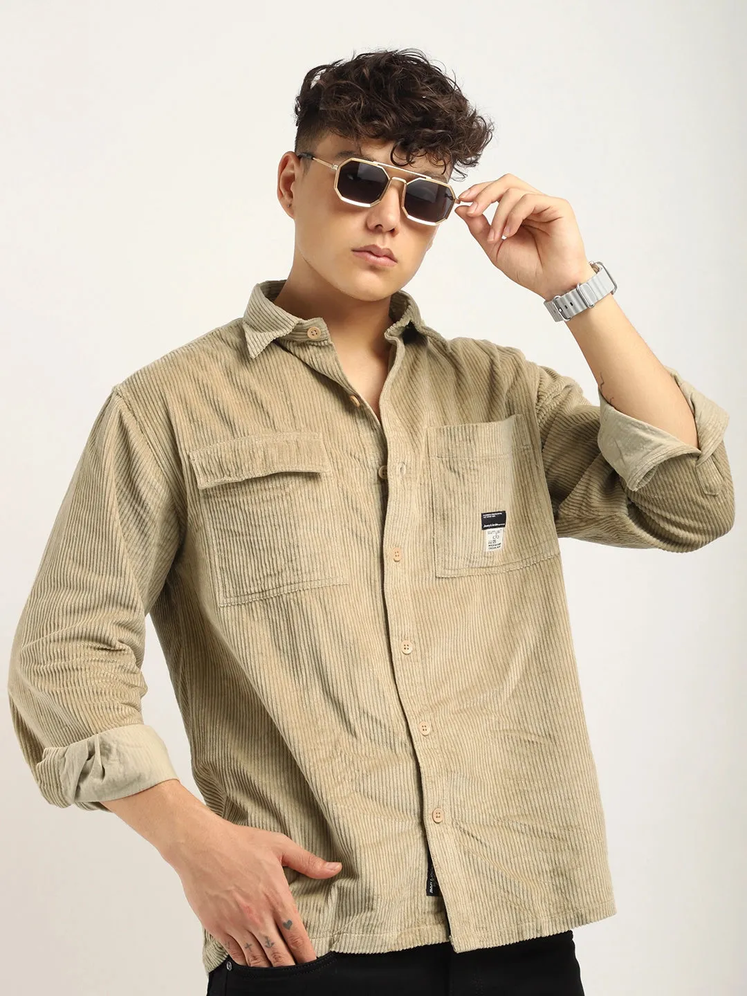 Fabric Corduroy Beige Full Sleeve Shirt