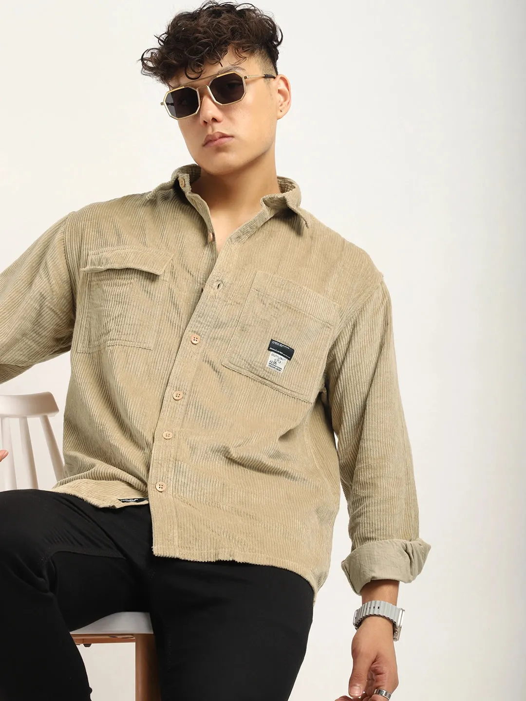 Fabric Corduroy Beige Full Sleeve Shirt