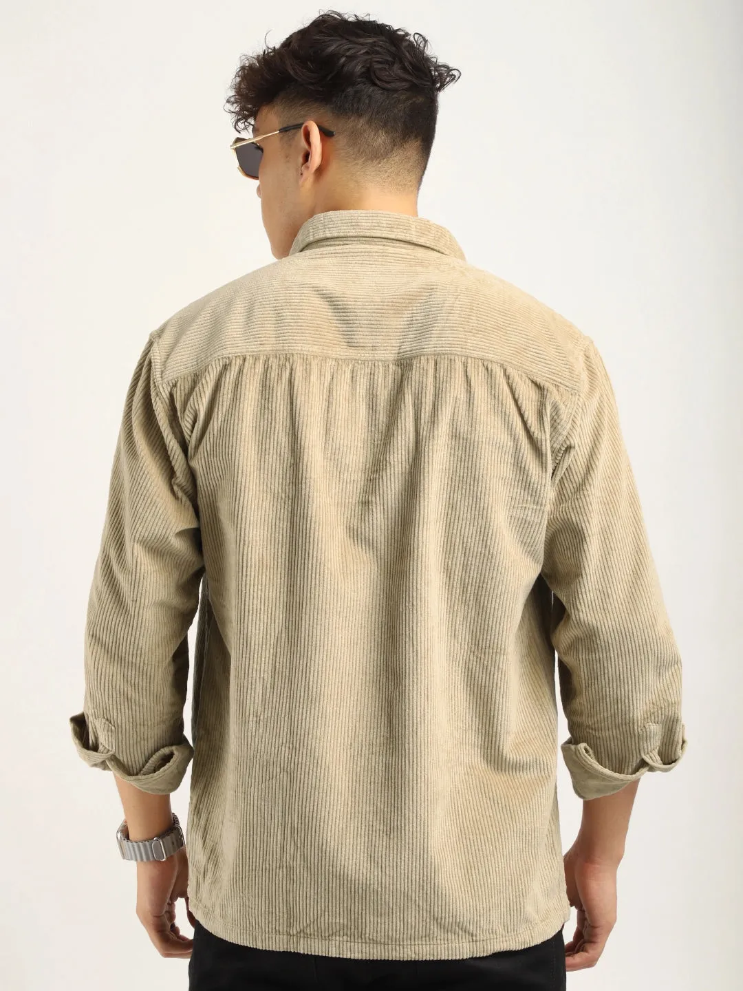 Fabric Corduroy Beige Full Sleeve Shirt