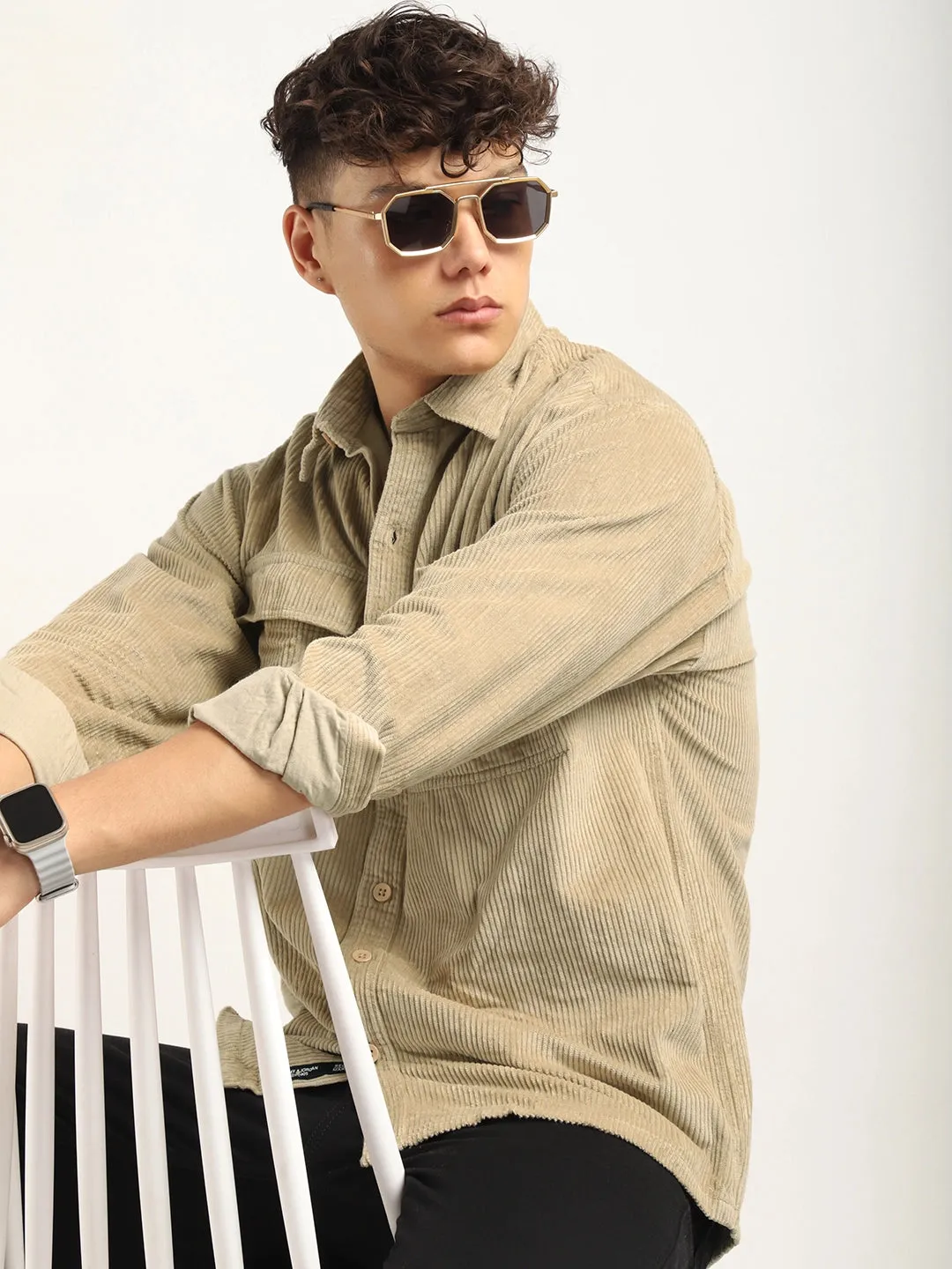 Fabric Corduroy Beige Full Sleeve Shirt
