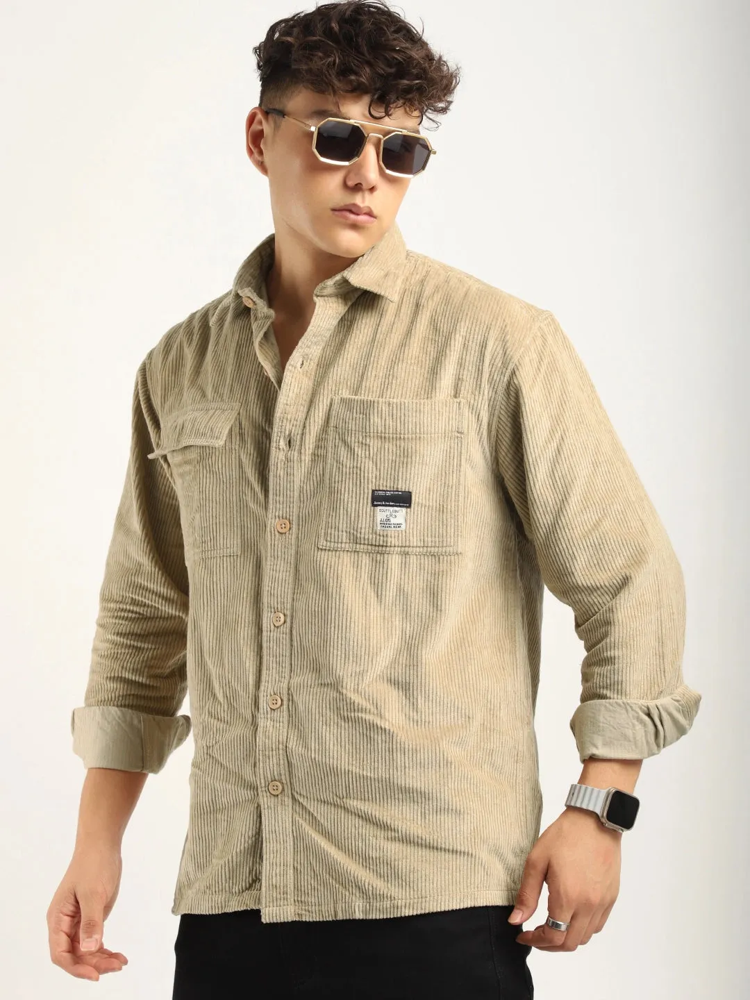 Fabric Corduroy Beige Full Sleeve Shirt