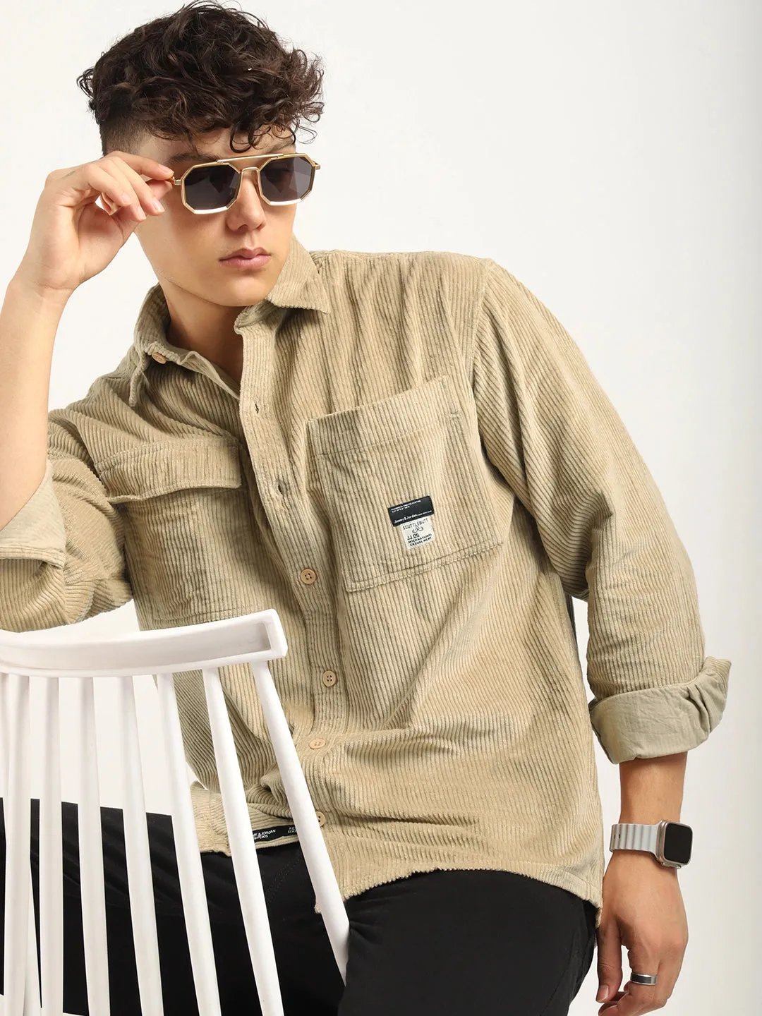 Fabric Corduroy Beige Full Sleeve Shirt