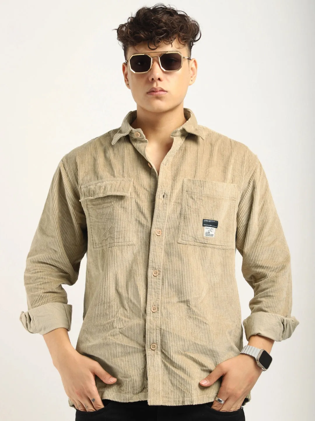 Fabric Corduroy Beige Full Sleeve Shirt