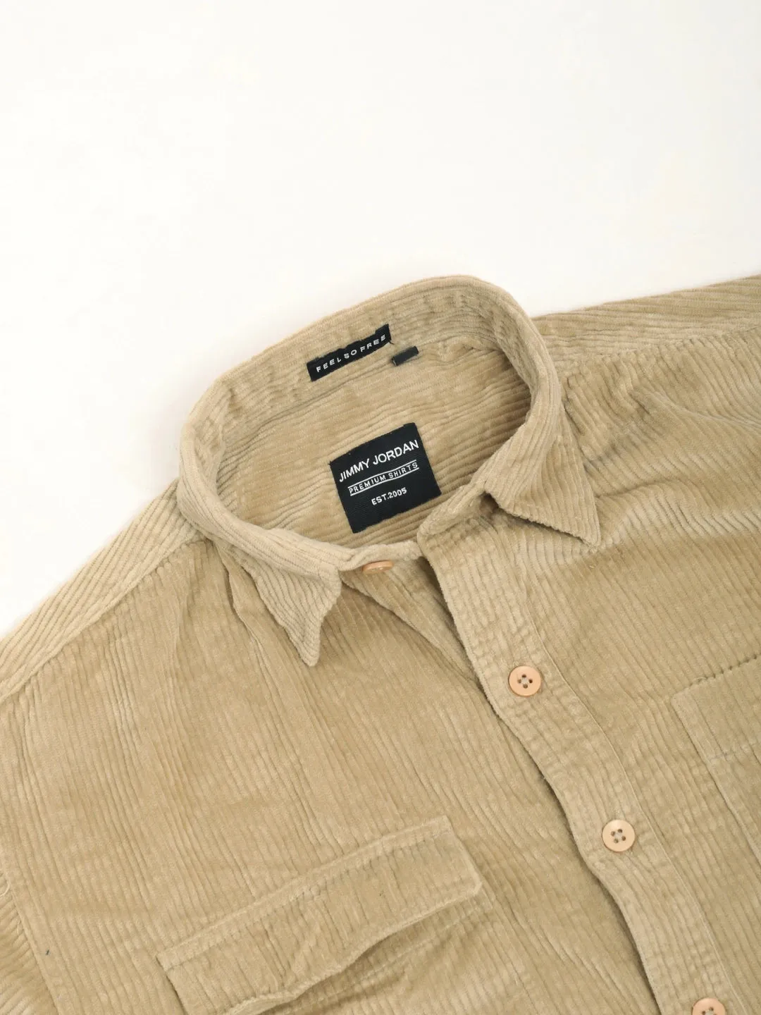 Fabric Corduroy Beige Full Sleeve Shirt