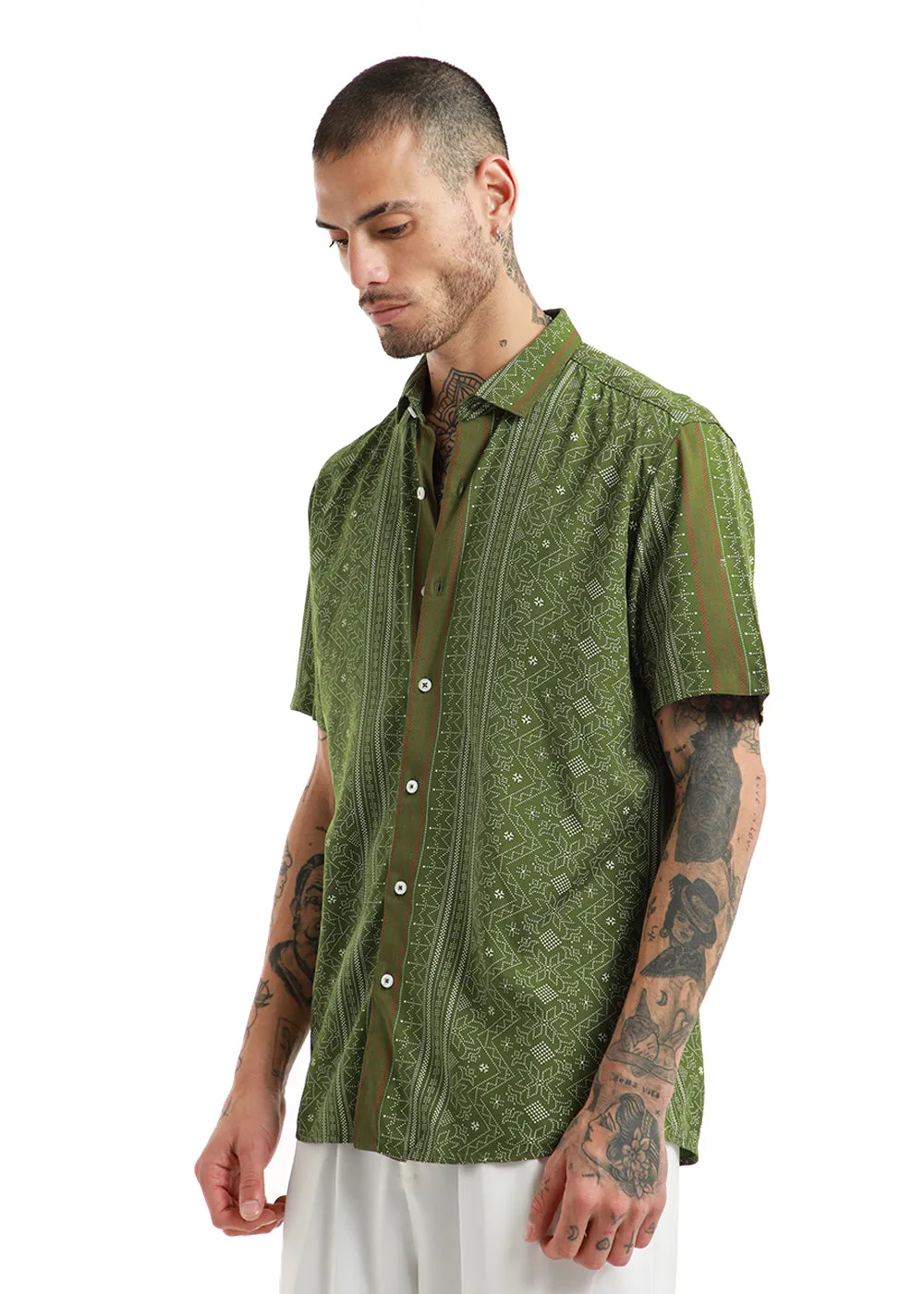 Fabula Olive Green Print Half Sleeve Shirt