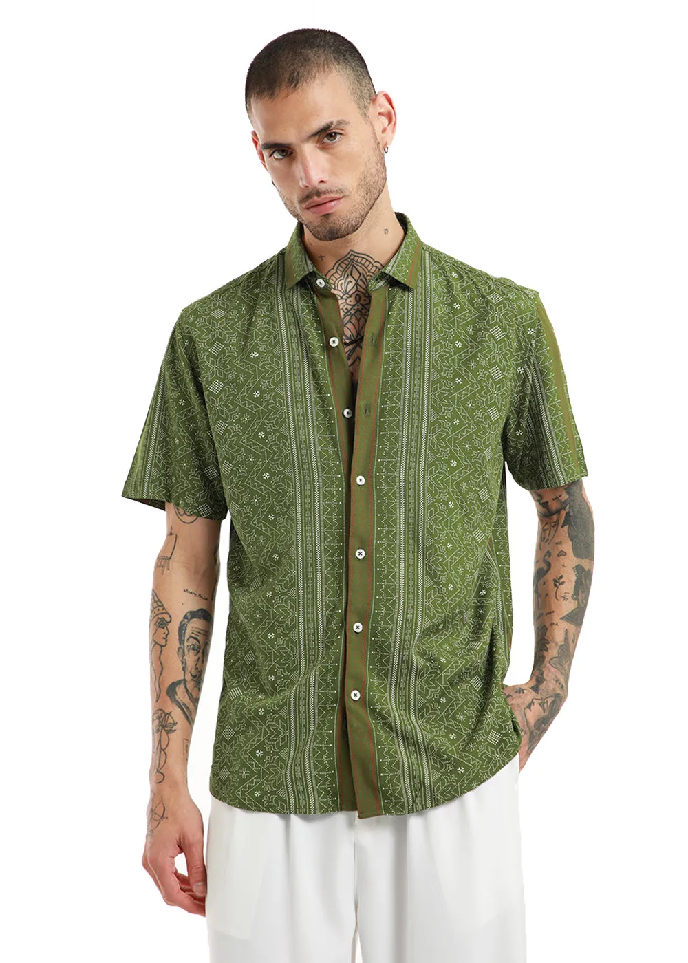 Fabula Olive Green Print Half Sleeve Shirt
