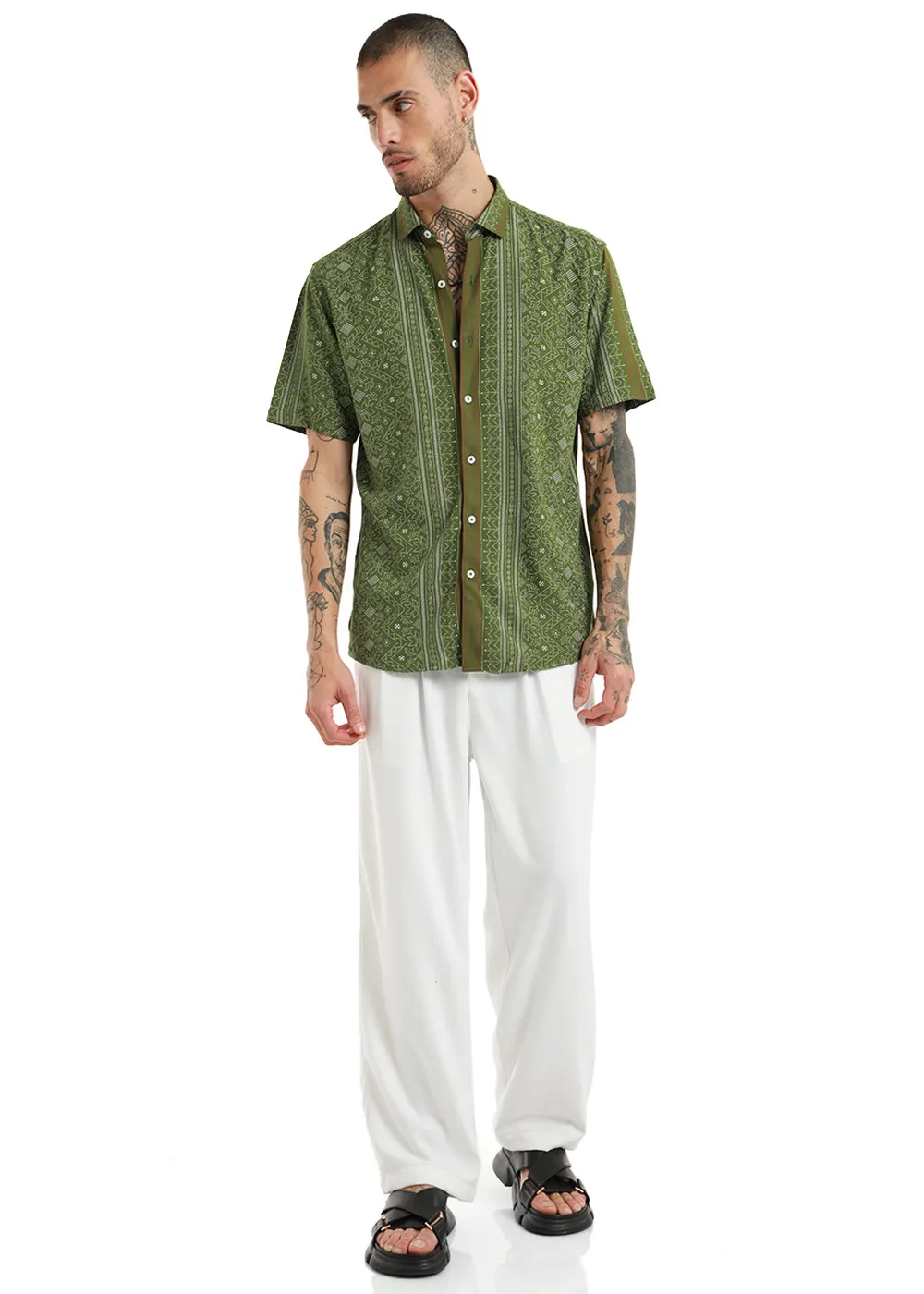 Fabula Olive Green Print Half Sleeve Shirt
