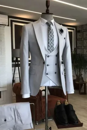 Fancy Light Gray Peaked Lapel Three Pieces Business Suits