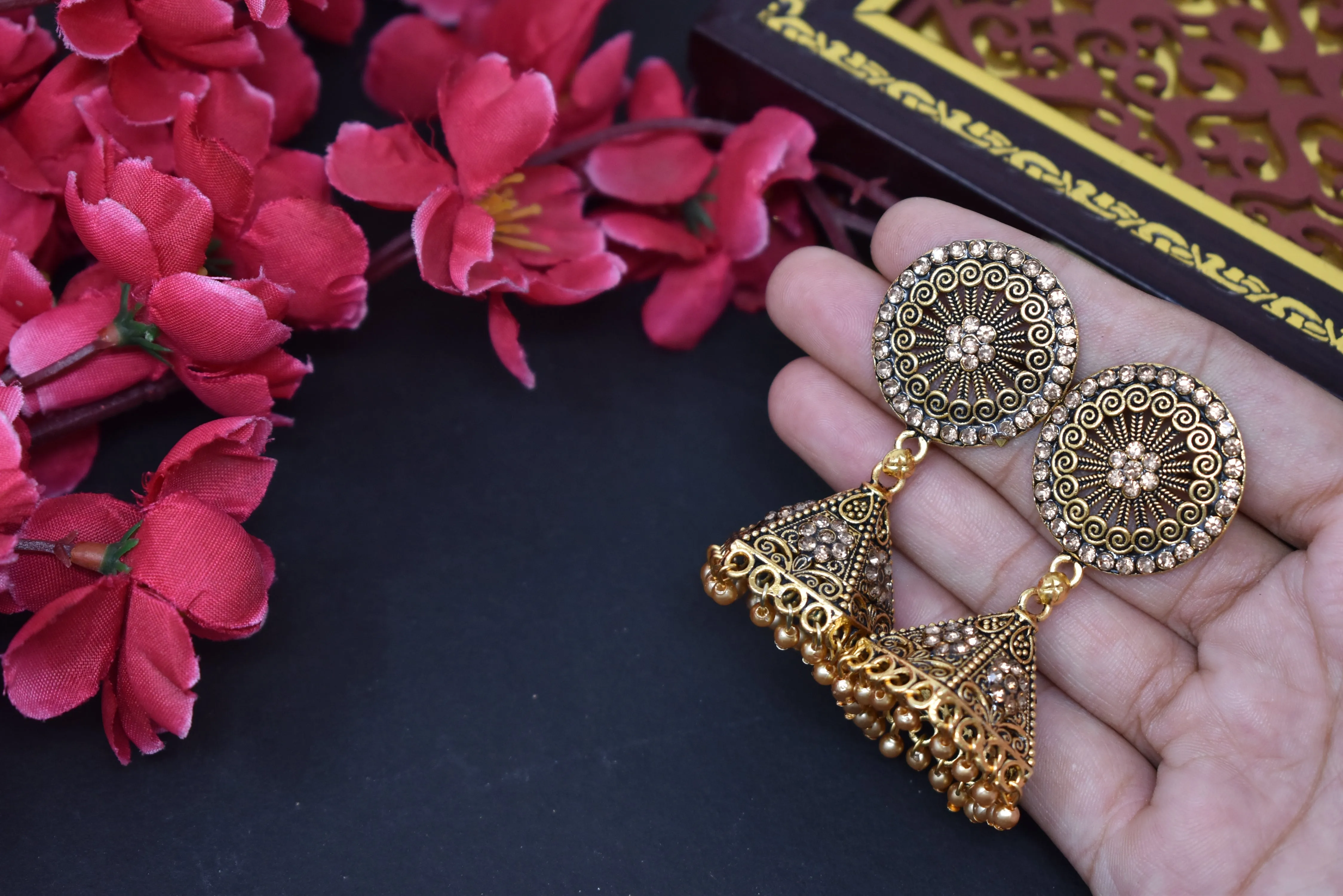 Gold-Plated Oxidized Jhumkas: Women's Ethnic Dangles