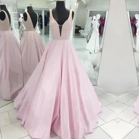 Gorgeous Beaded V Neck Long Satin Pink Prom Dresses 2017