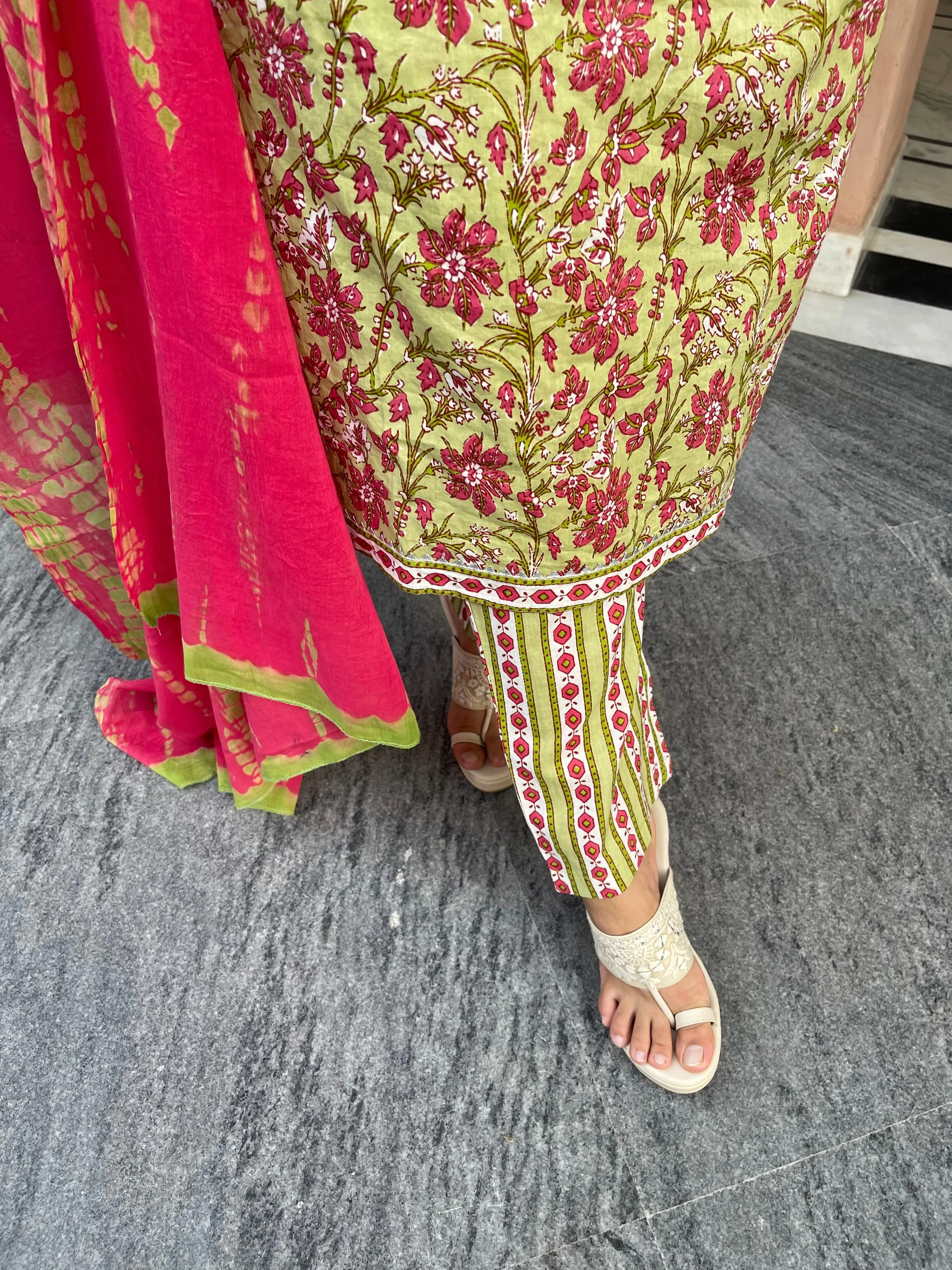 Green Block Print Kurta Suit Set
