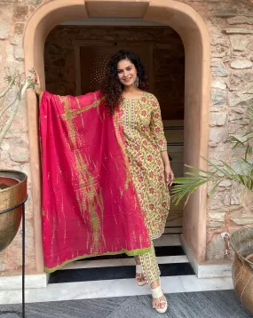 Green Block Print Kurta Suit Set