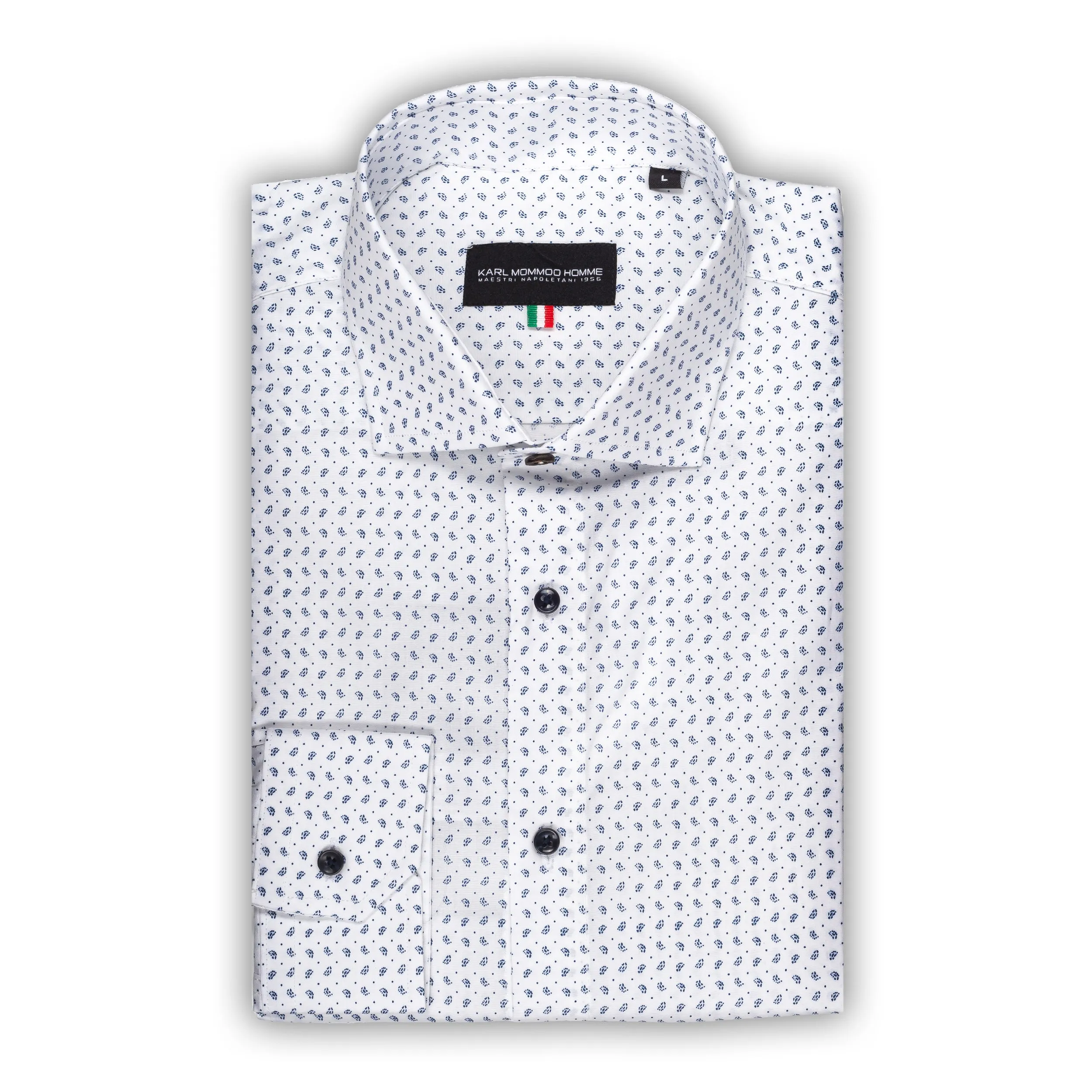 KARL MOMMOO | Herren-Hemd weiß mit feinem blauem Muster. Langarm, Baumwolle, Modern Fit