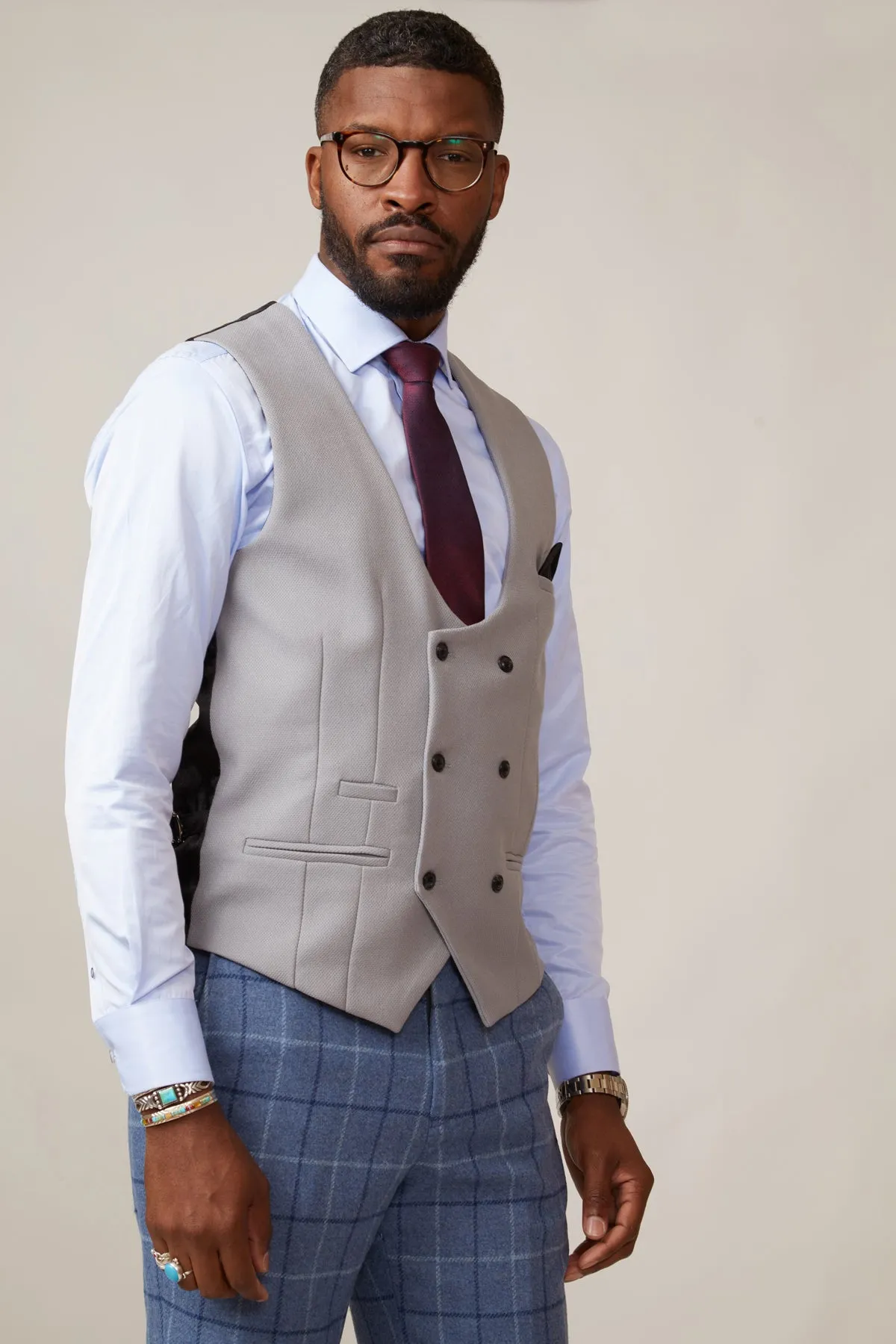 KELVIN - Silver Double Breasted Waistcoat
