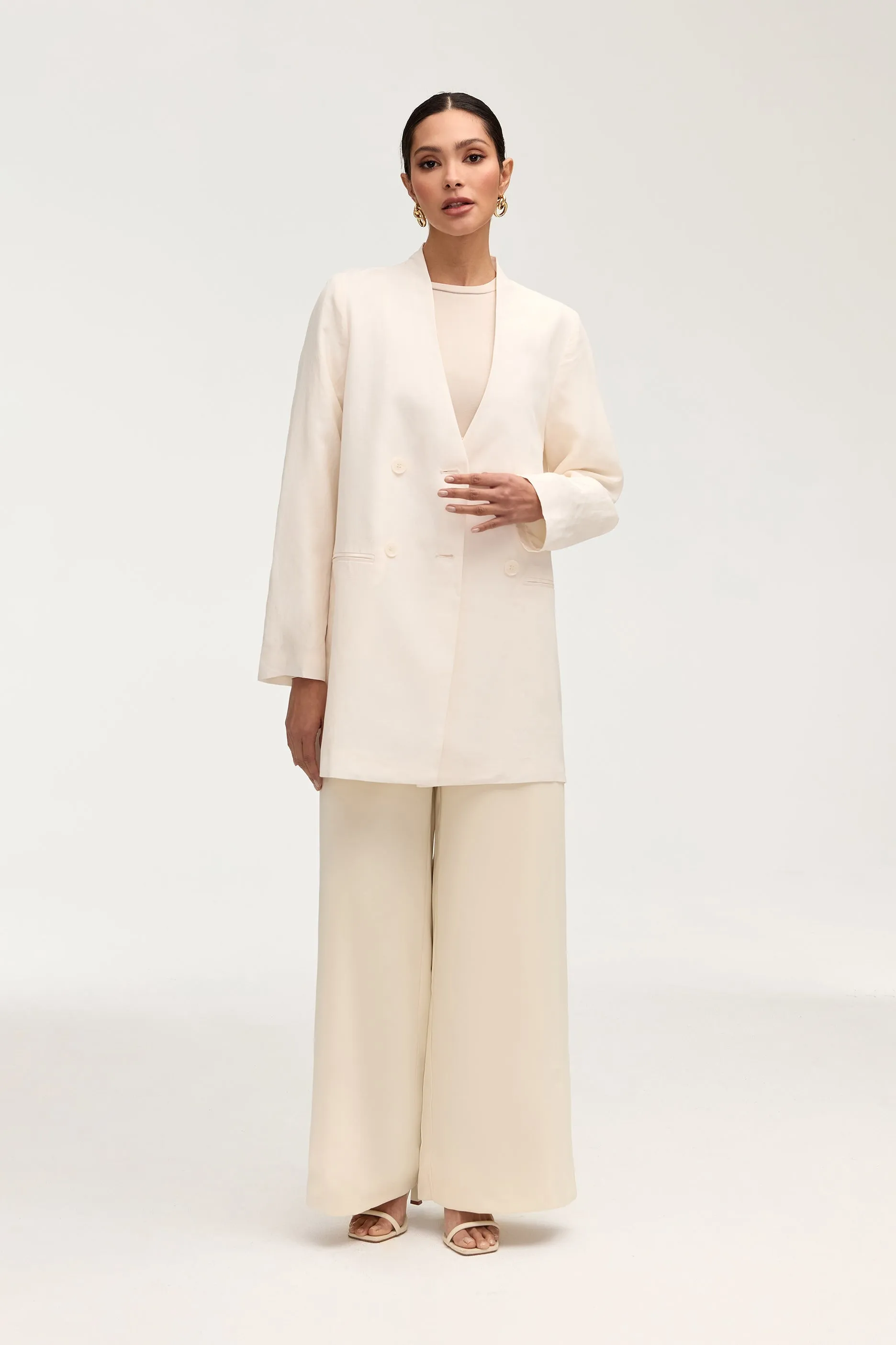 Longline Cupro Linen Oversized Blazer - Off White