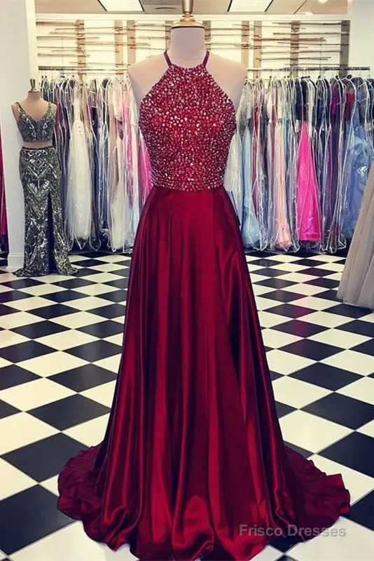 Luxurious Crystal Halter Prom Dresses Long Satin Leg Split Evening Gowns
