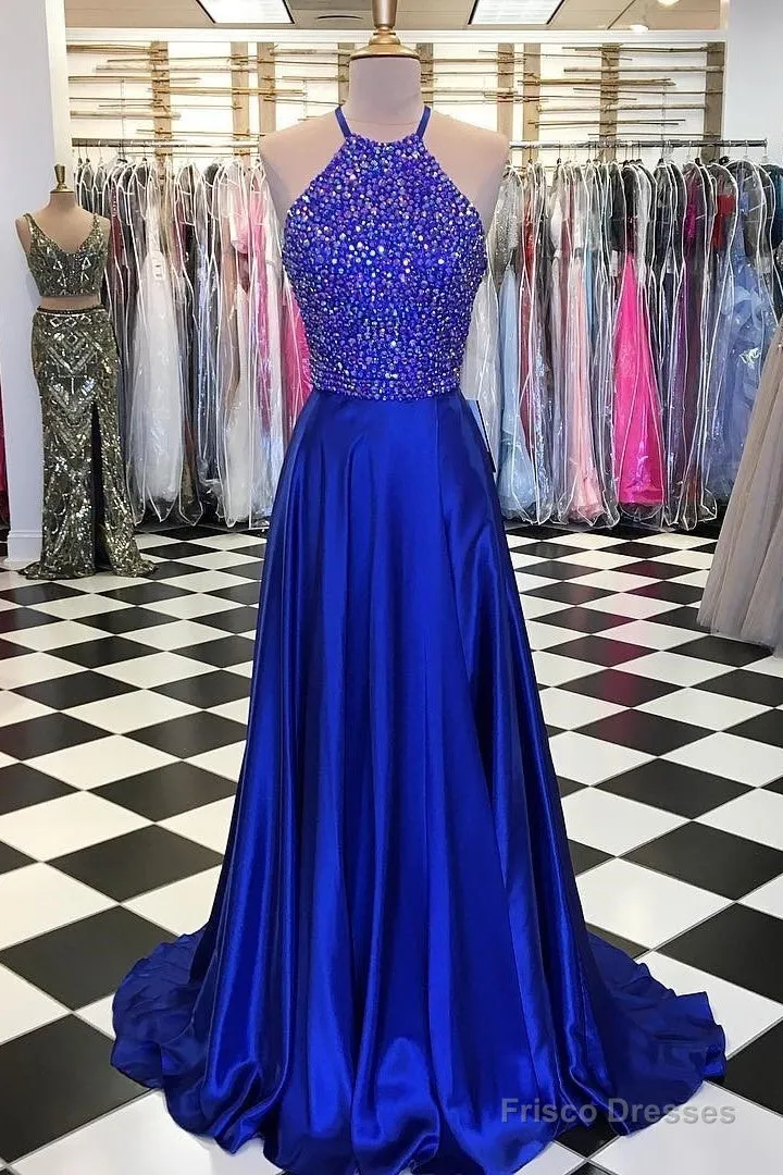 Luxurious Crystal Halter Prom Dresses Long Satin Leg Split Evening Gowns