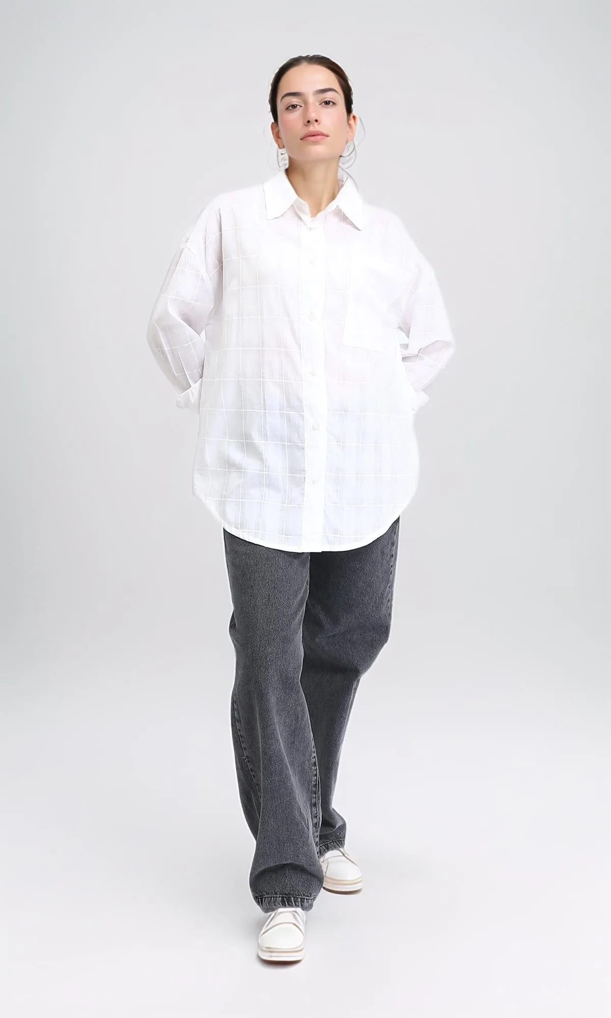 R206081 - Turn Down Collar Plaids Shirt - White