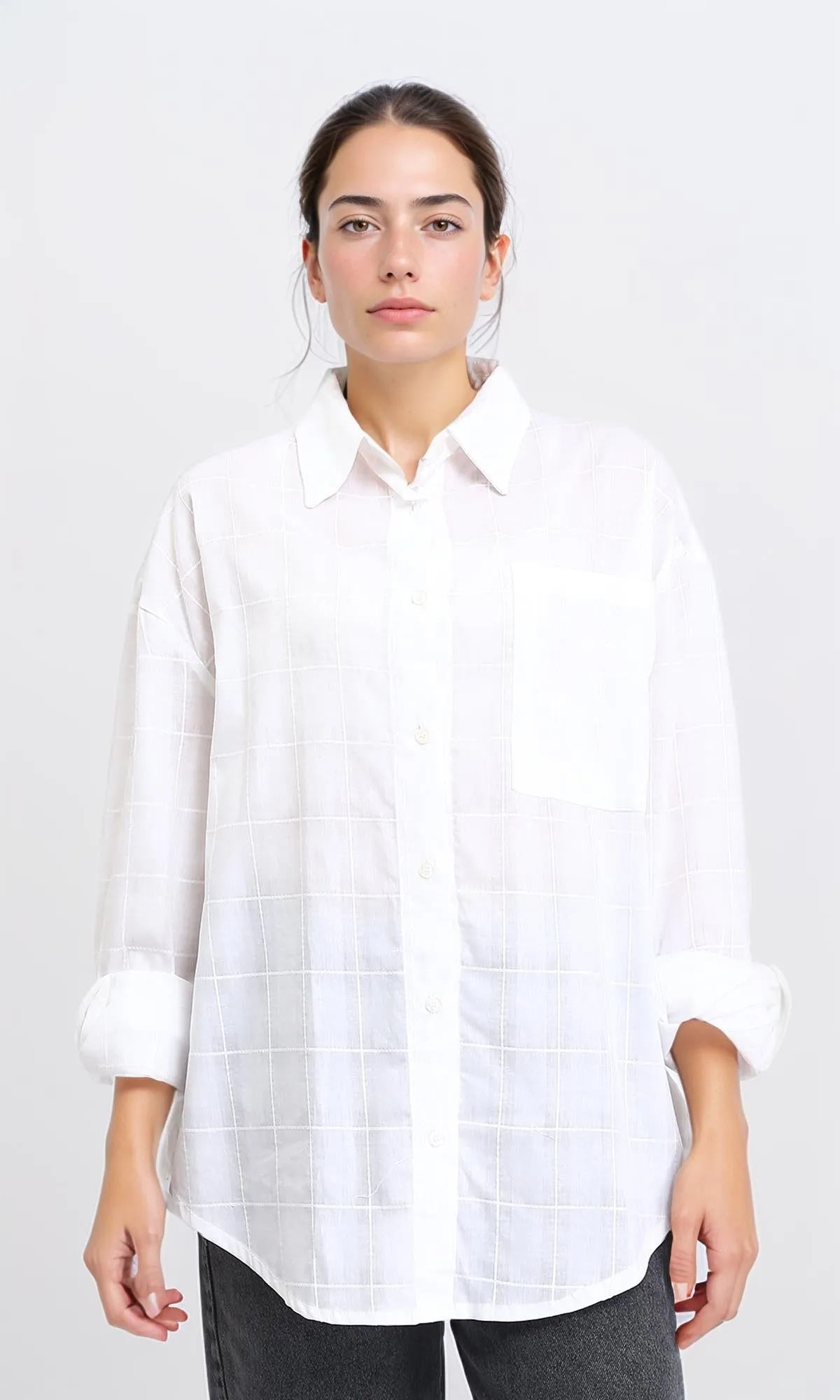 R206081 - Turn Down Collar Plaids Shirt - White