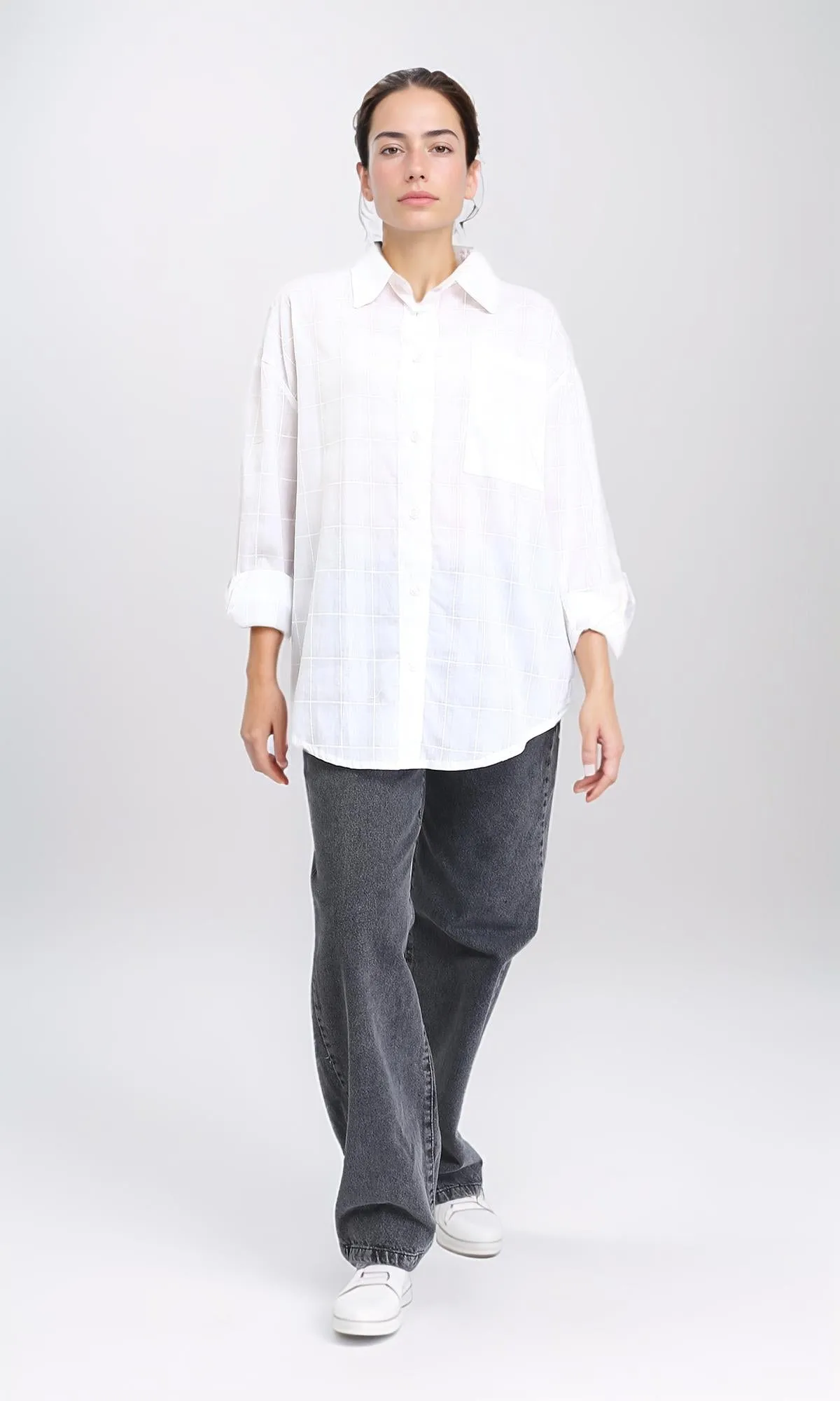 R206081 - Turn Down Collar Plaids Shirt - White