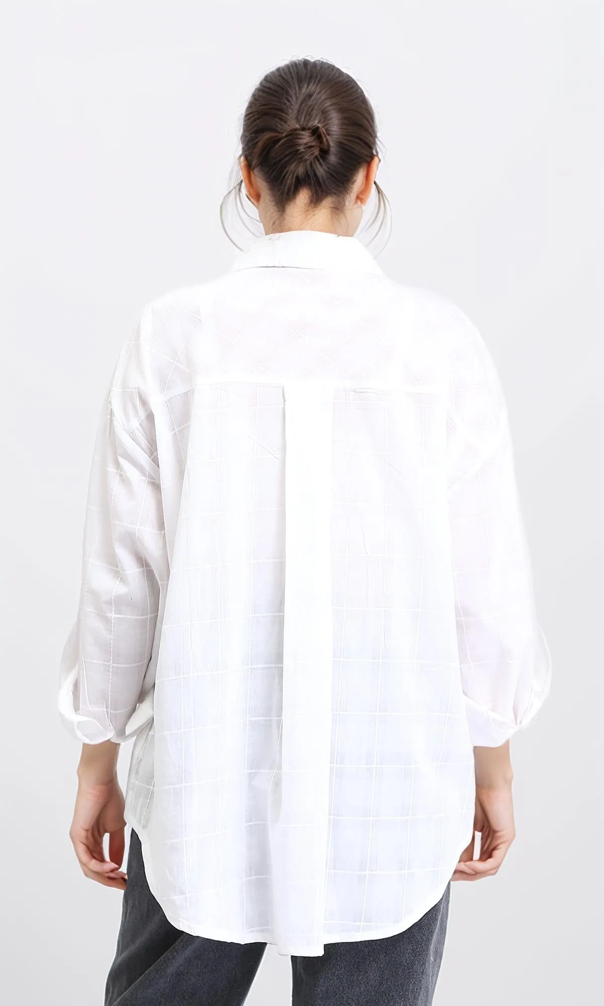 R206081 - Turn Down Collar Plaids Shirt - White