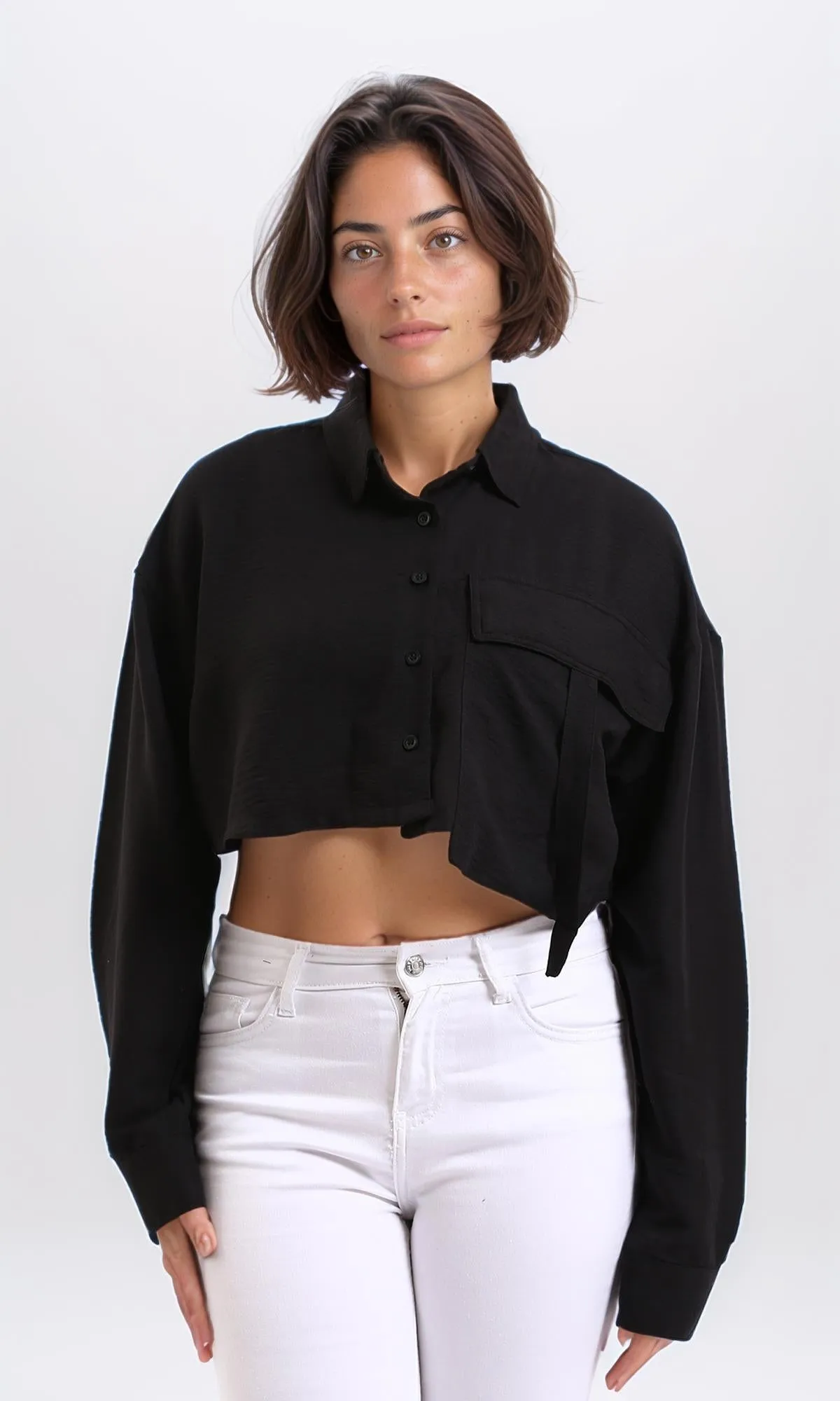R208490 - Lightweight Solid Cropped Shirt - Black