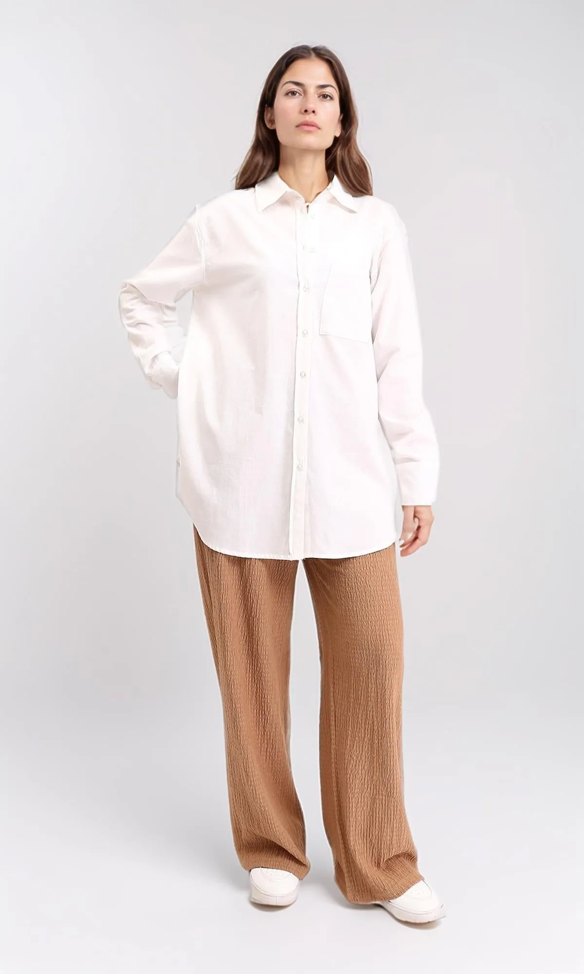 R208768 - Solid Long Sleeves Shirt with Front Pocket - Off-White