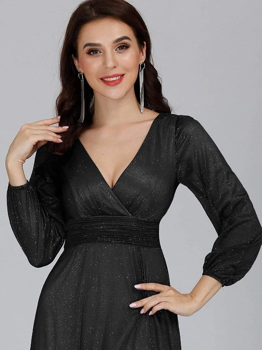 Sexy V-Neck Shiny Wholesale Evening Dresses With Long Sleeve